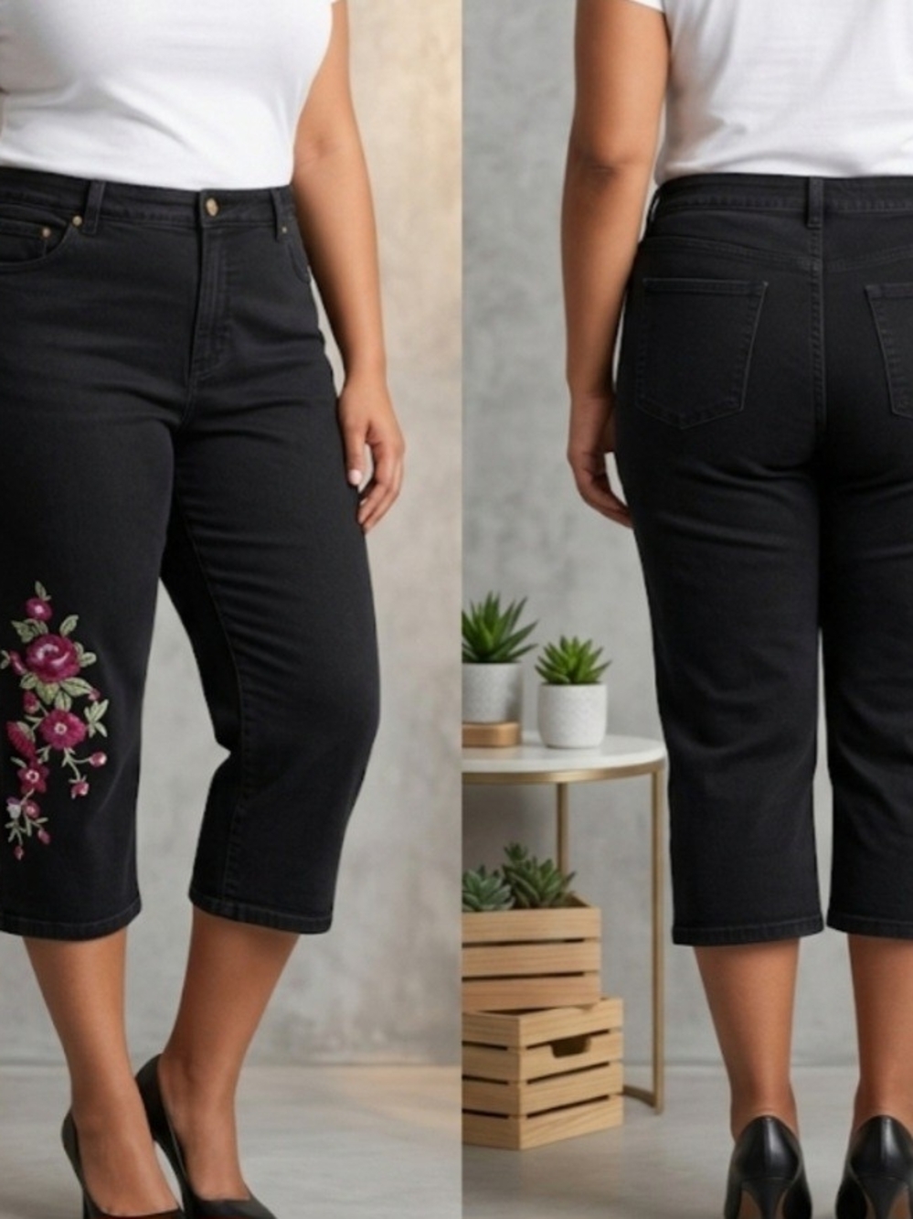 Woman Within Black Floral Embroidered Denim Capri Crop Jeans Plus Sz 24W Petite